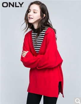 ONLY2017早春新品大V领宽松下摆开衩长袖针织衫女ES|117124502 F17庆典红 165/84A/M